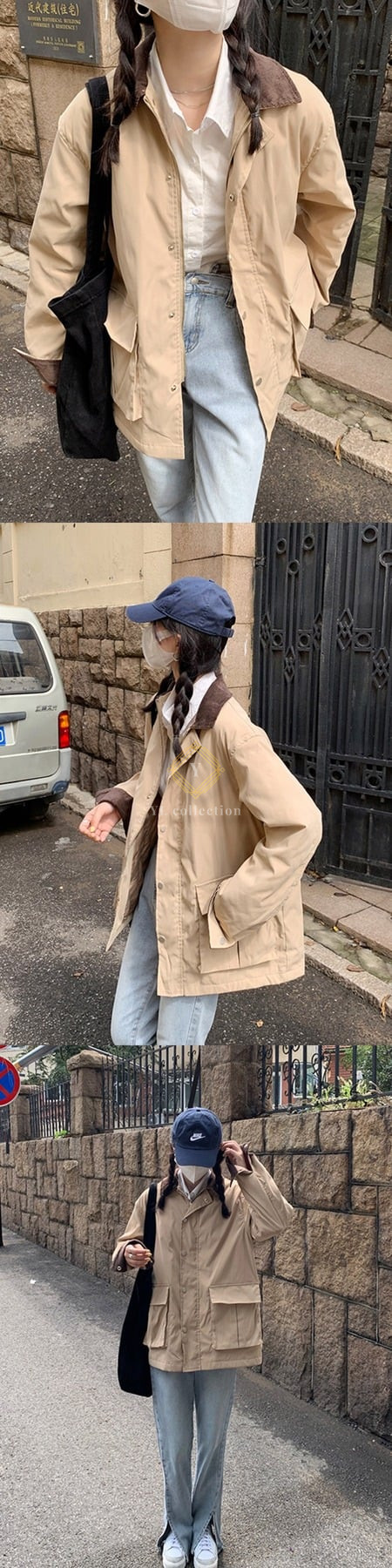 여성 루즈핏 배색 포켓 점퍼