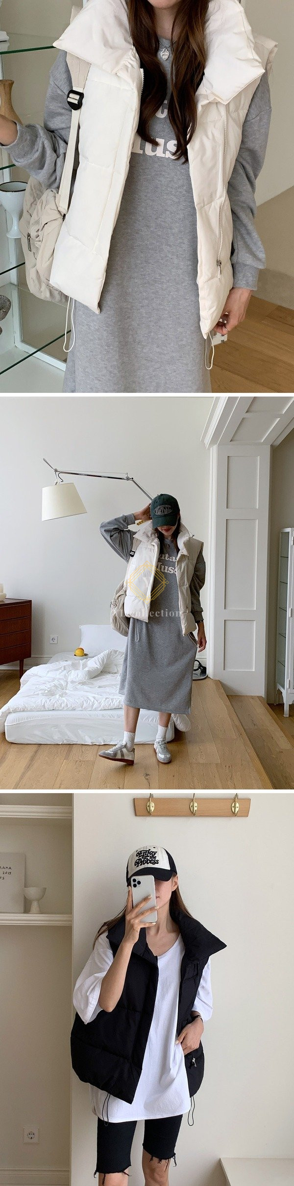 여성 에폴론 밑단 스트링 카라 패딩 조끼