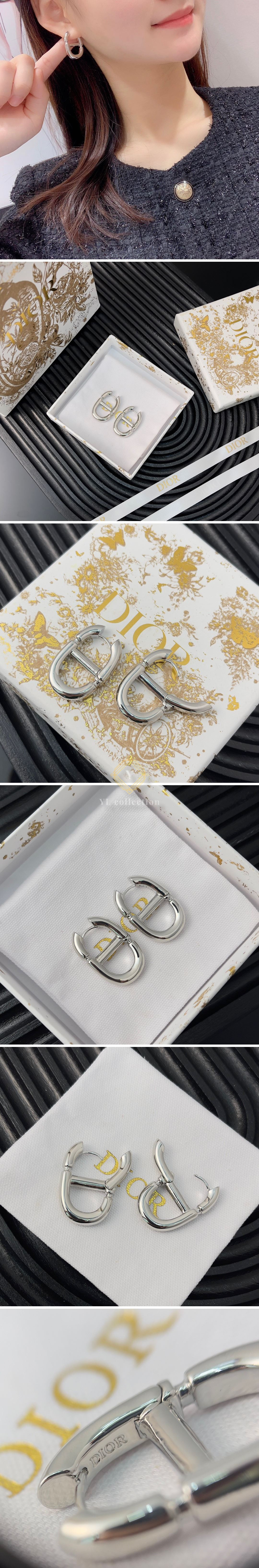 디올 CD 네이비 이어링 실버 피니쉬 메탈