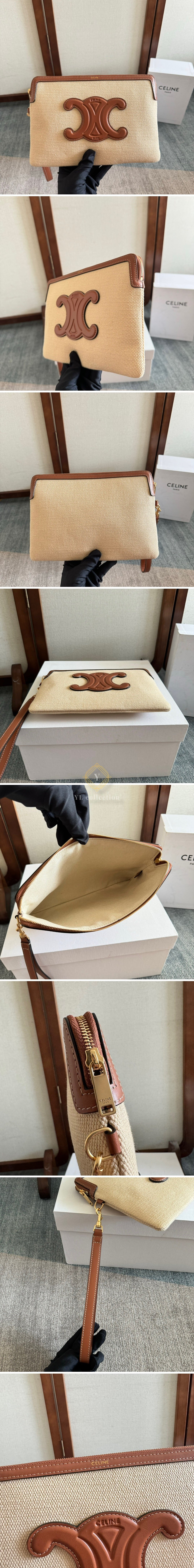 셀린느 스몰 스트랩 파우치 라피아 텍스타일 내추럴 탄