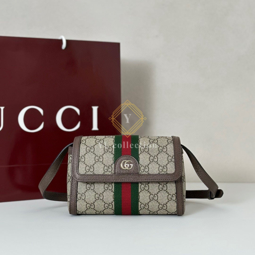 구찌 베이지 브라운 GG 패브릭 오피디아 미니 숄더백