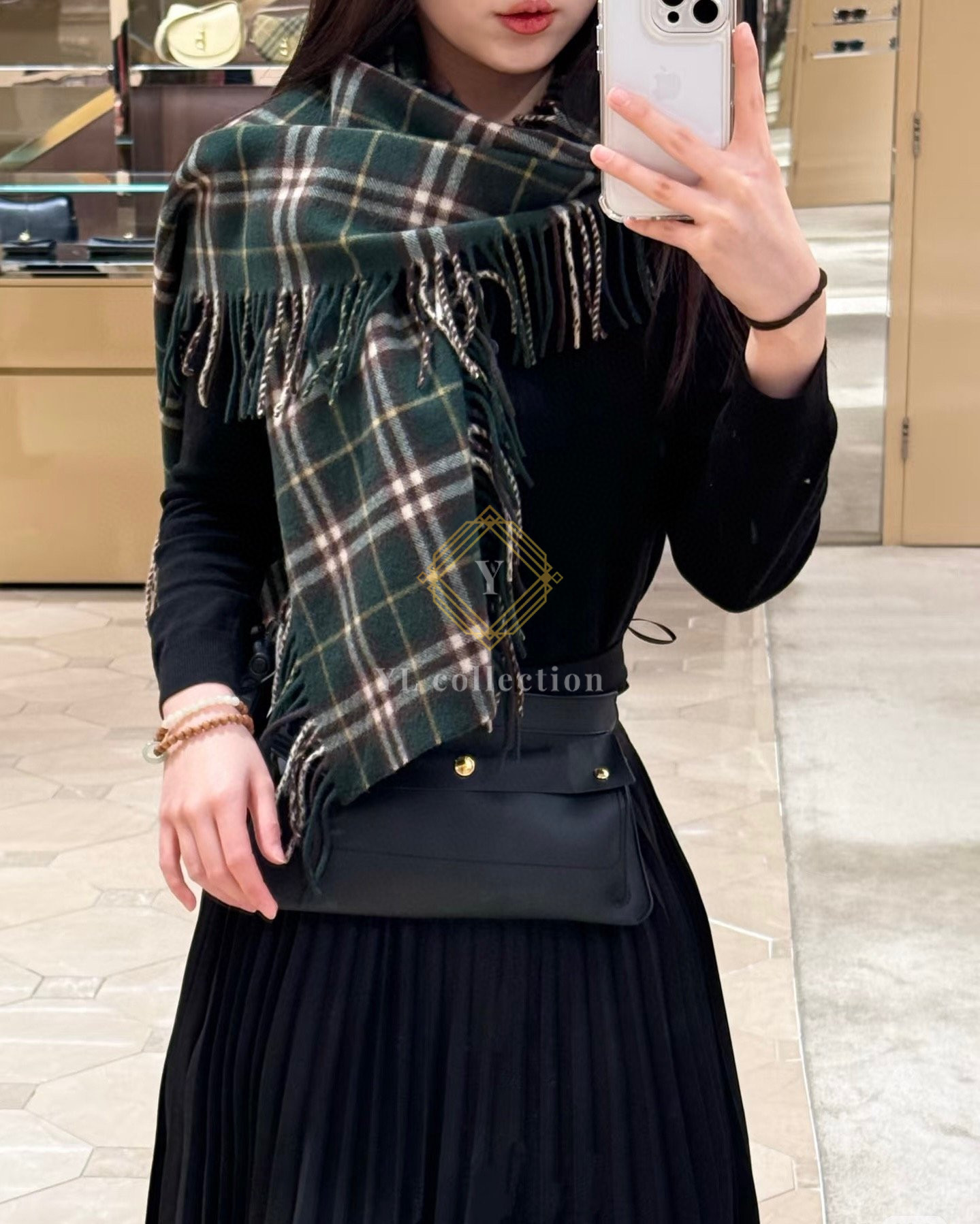 버버리 아이비 캐시미어 체크 프린지 스카프