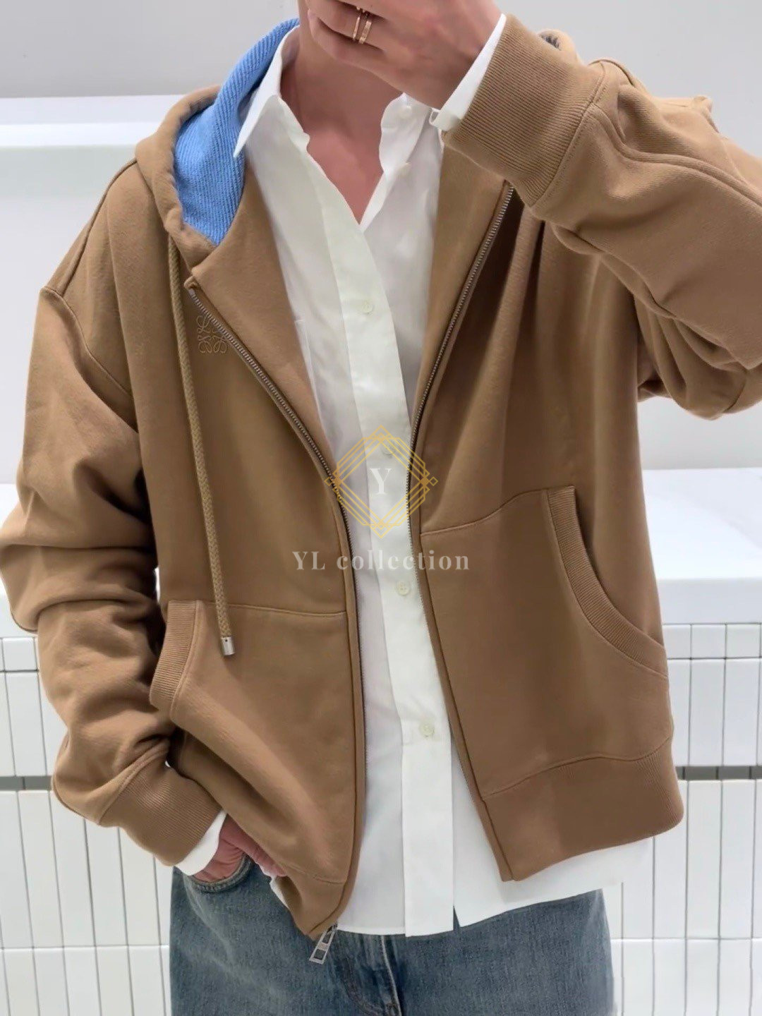 로에베 코튼 베이지 집업 후디