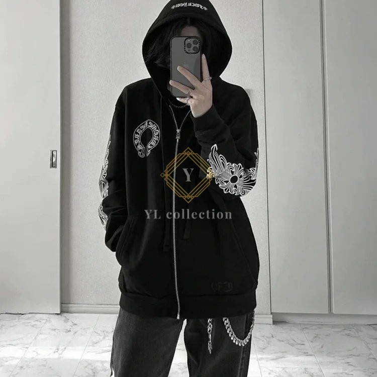 크롬하츠 홀스슈 플로랄 크로스 후드집업