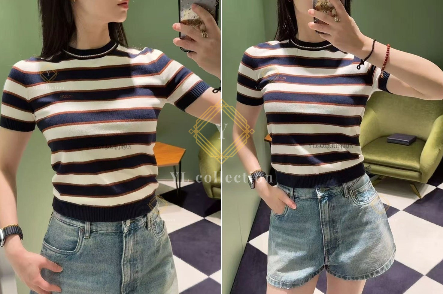 프라다 스트라이프 크루넥 코튼 스웨터 네이비 블루 내츄럴