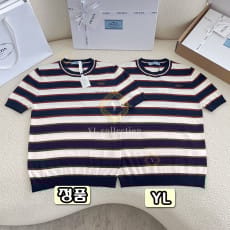 프라다 스트라이프 크루넥 코튼 스웨터 네이비 블루 내츄럴