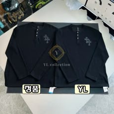 크롬하츠 블랙 크로스 헨리넥 와플 슬리브 티셔츠